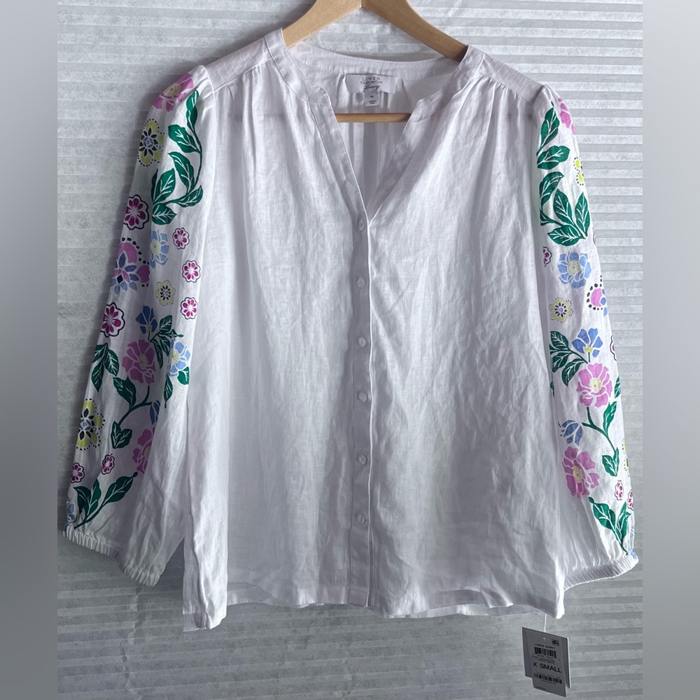 Charter Club Women’s 100% Linen Luxury White Blouse Floral Sleeves XS NEW